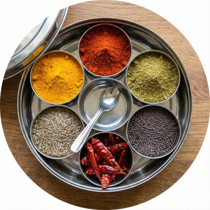 Traditional Indian spice box masala dabba with turmeric and chili