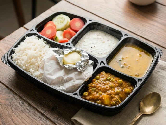 Eco-friendly meal tray packaging for Mini Thali delivery