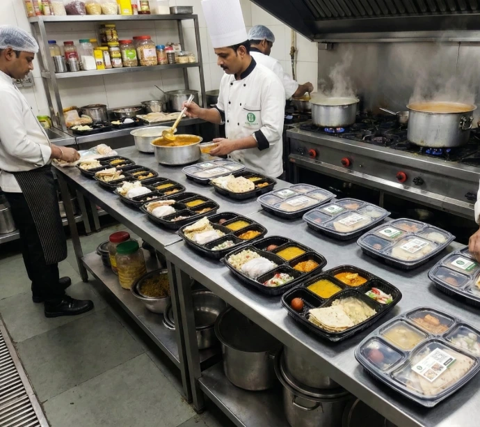 Chefs preparing fresh food in Nutrichulha's hygienic commercial kitchen