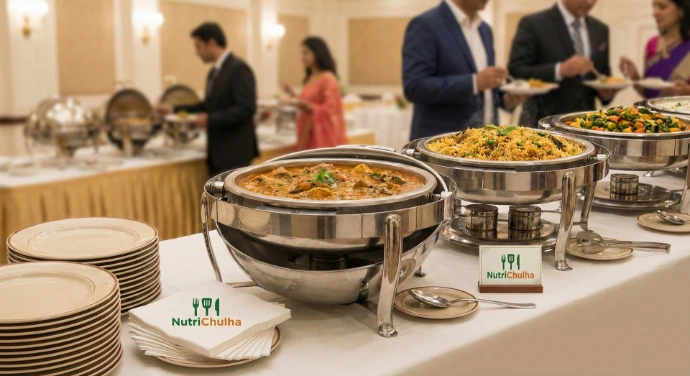 Premium vegetarian catering buffet setup for events and corporate lunches